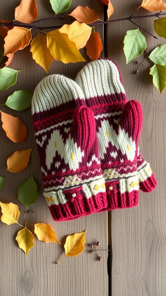 23+ Creative Fall Crafts to Sell This Season 16 A pair of upcycled sweater mittens in red and white, surrounded by colorful autumn leaves on a wooden surface.