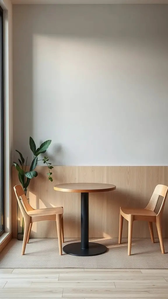 21 Unique Coffee Corner Ideas to Enhance Your Home Decor 10 A minimalist coffee corner featuring a round wooden table, two wooden chairs, and a plant, set against a light-colored wall.