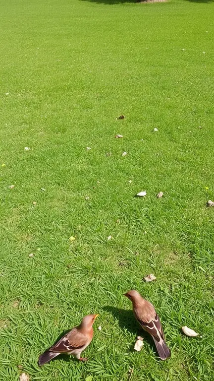 19+ Essential Tips for Creating a Bird-Friendly Garden 7 A green lawn with two birds foraging on the grass.