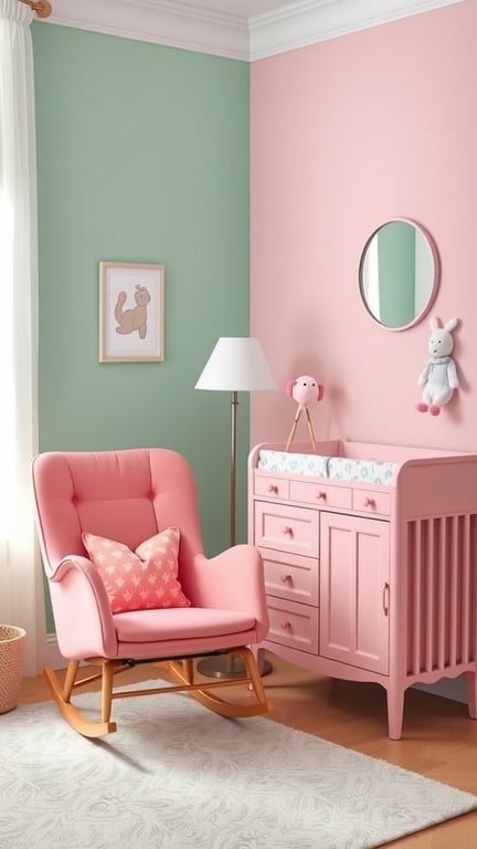 31+ Gorgeous Pink and Green Nursery Ideas for a Dreamy Space 15 A stylish nursery featuring a pink rocking chair, a green wall, and a pink crib with storage.