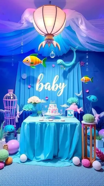 23+ Unique January Baby Shower Themes You’ll Love 14 A vibrant Under the Sea themed baby shower setup with colorful decorations, fish, and a cake.