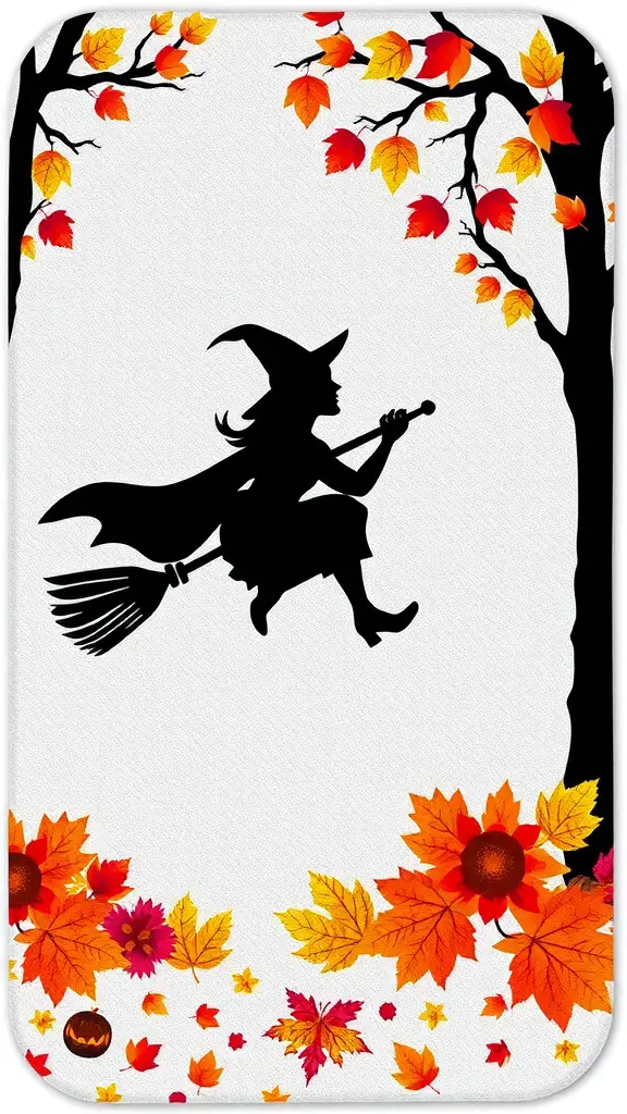 27+ Spooktacular Halloween Bathroom Decor Ideas 7 A bath mat featuring a silhouette of a witch flying on a broomstick surrounded by colorful autumn leaves.
