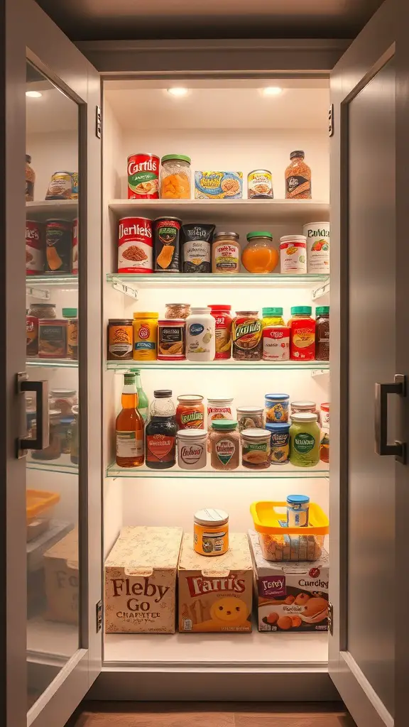 25+ Creative Built-In Pantry Cabinet Wall DIY Ideas 9 A well-organized pantry with bright LED lighting showcasing various food items.
