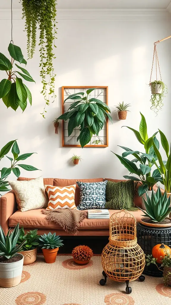 A cozy living room filled with various indoor plants, a warm couch, and decorative pillows.
