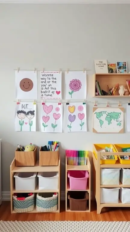 33+ Creative Nursery Organization Ideas for a Clutter-Free Space 11 A nursery wall displaying children's artwork with organized storage for art supplies.