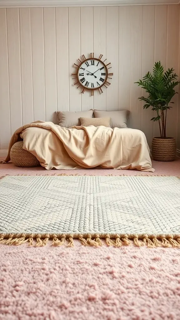 27+ Stunning Beige and Pink Bedroom Ideas for a Cozy Retreat 9 A cozy bedroom featuring a textured beige rug on a pink carpet, with soft bedding and a plant in the background.
