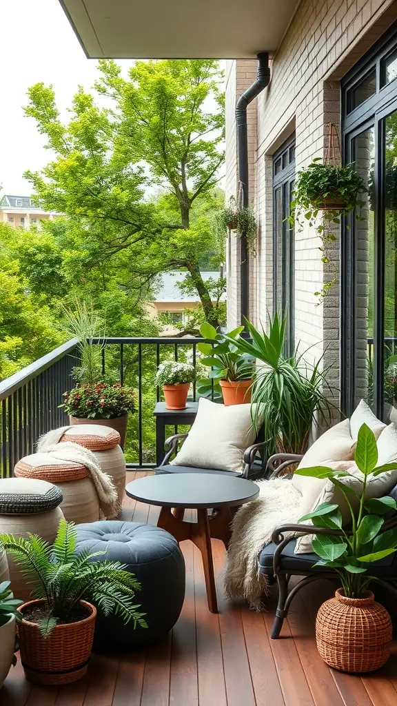 A cozy balcony seating area with cushions, plants, and a small table.
