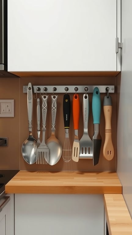 25 Creative Storage Ideas for Small Spaces 10 A magnetic strip holding various kitchen utensils, showcasing a neat and organized storage solution.