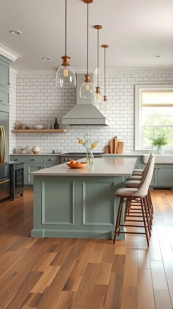 29+ Stunning Sage Green Kitchen Ideas to Transform Your Space 8 A sage green kitchen island with a light countertop, wooden flooring, and pendant lights above.