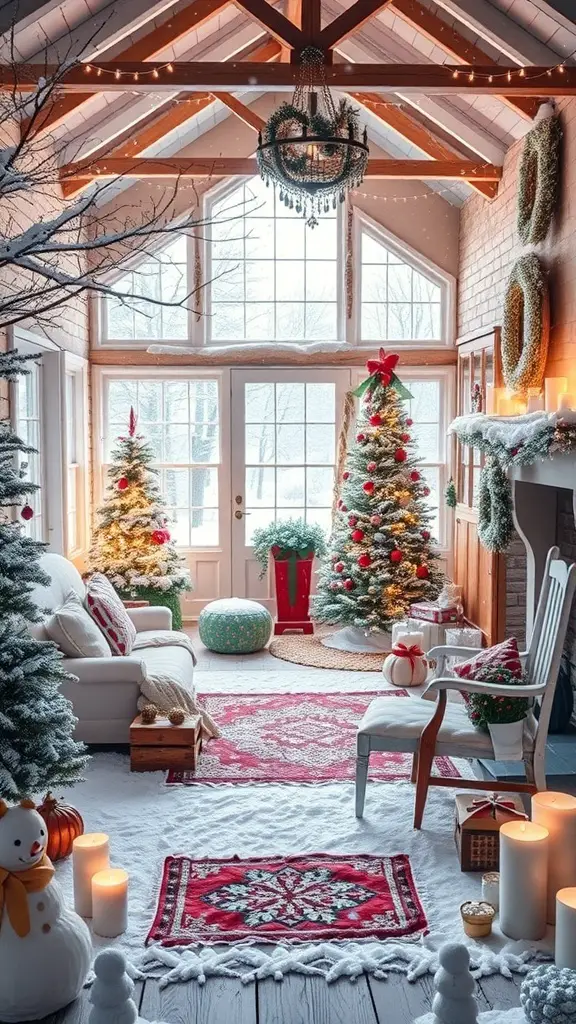 A cozy winter-themed room with decorated Christmas trees, a snowman, and a warm atmosphere.