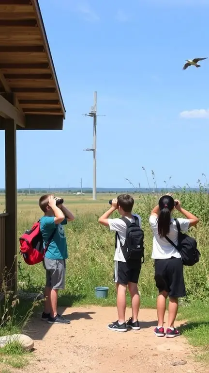 15 Inspiring Outdoor Learning Spaces for Creative Education 6 Three children using binoculars to observe wildlife in an outdoor learning space.