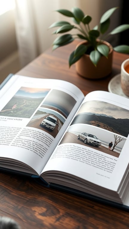 17+ Essential Tips for Organizing Your Photo Storage 9 An open photo book with images of cars and landscapes on a wooden table, surrounded by a plant and a cup of coffee.