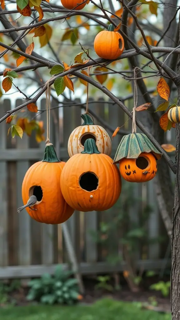 25+ Unique Fall Pumpkin Crafts to Try This Season 14 Colorful upcycled pumpkin birdhouses hanging from a tree branch