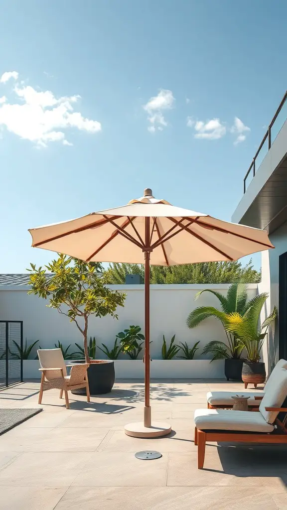 17+ Creative Patio Umbrella Ideas for Your Outdoor Space 11 A stylish patio umbrella with a wooden frame and neutral canopy, surrounded by plants and modern furniture.