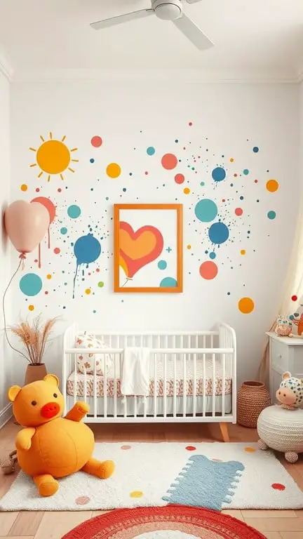 27+ Whimsical Baby Nursery Ideas for a Dreamy Space 13 A colorful nursery featuring a crib, playful wall art, and a large stuffed animal.