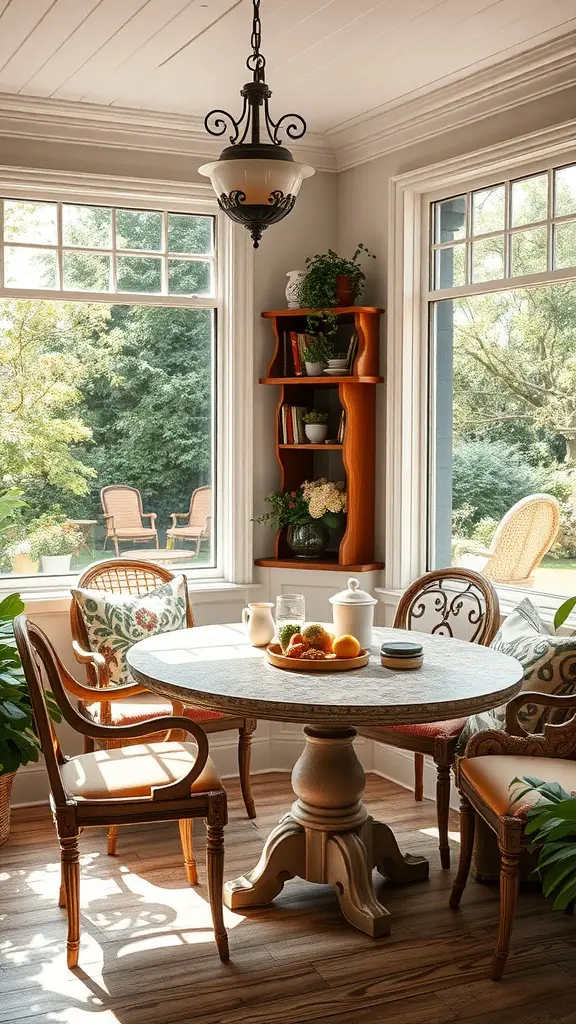 33+ Vintage Farmhouse Kitchen Ideas You'll Love 16 A cozy breakfast nook with a round table, vintage chairs, and large windows letting in natural light.
