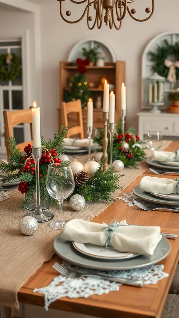 A beautifully set dining table featuring burlap and lace decor for Christmas.