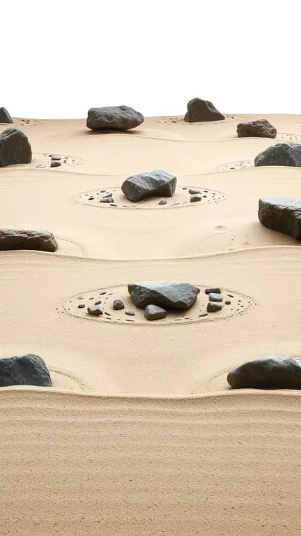 19+ Stunning Tiered Garden Ideas to Elevate Your Outdoor Space 11 A Zen garden featuring tiered sand with rocks arranged in patterns.