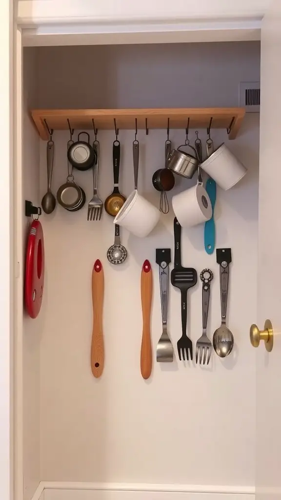 25+ Creative Corner Kitchen Pantry Ideas You’ll Love 12 A corner kitchen pantry with hooks displaying various kitchen tools and utensils.