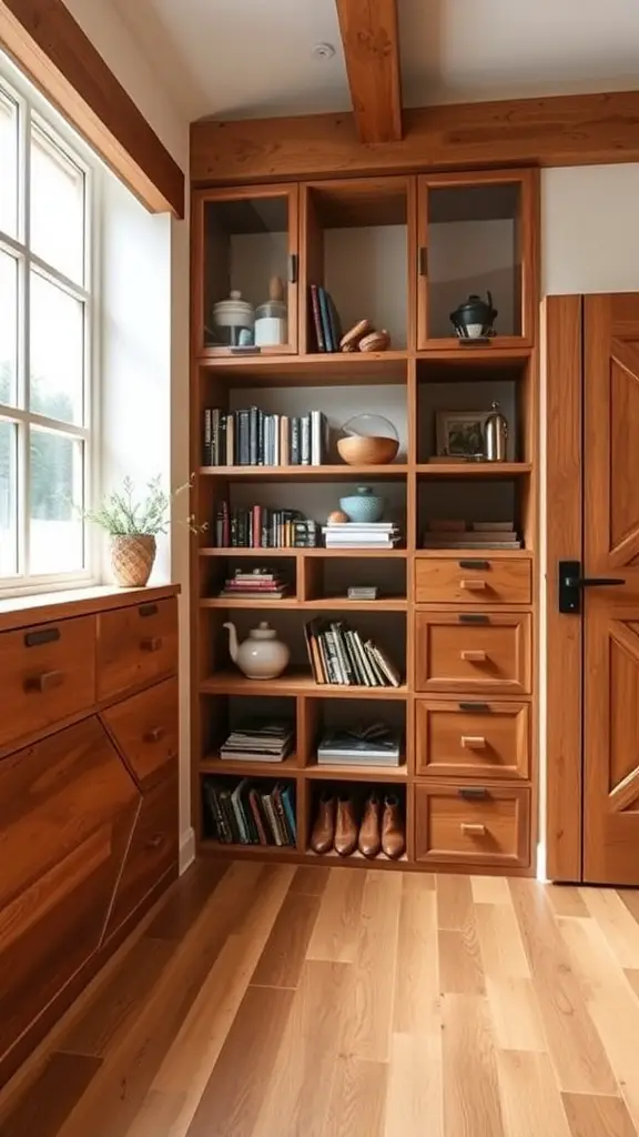 19+ Charming Barndominium Ideas for Cozy Living 8 A stylish shelving unit in a small barndominium, featuring open shelves, decorative items, and storage baskets.