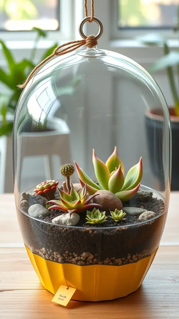 A colorful terrarium with succulents in a clear glass dome on a wooden table.