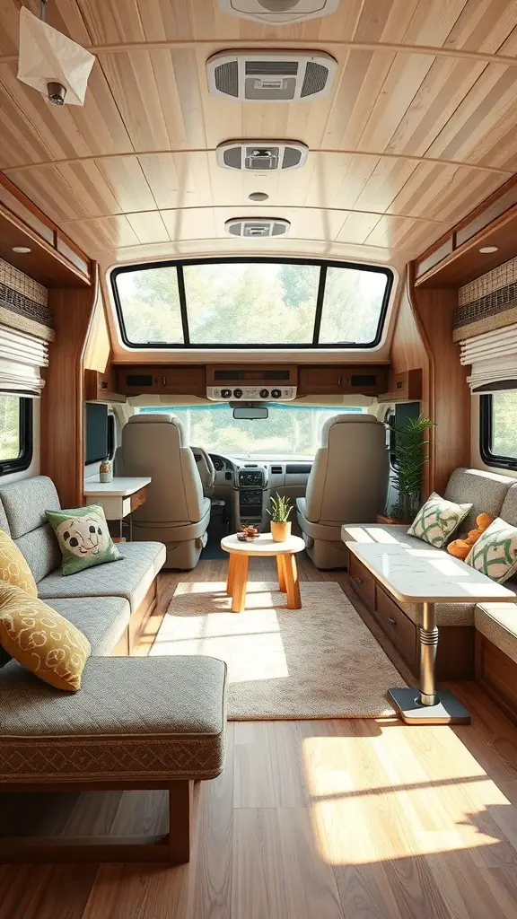 23+ Cozy RV Living Room Ideas for Ultimate Comfort 14 Cozy RV living room with comfortable seating and a small table.