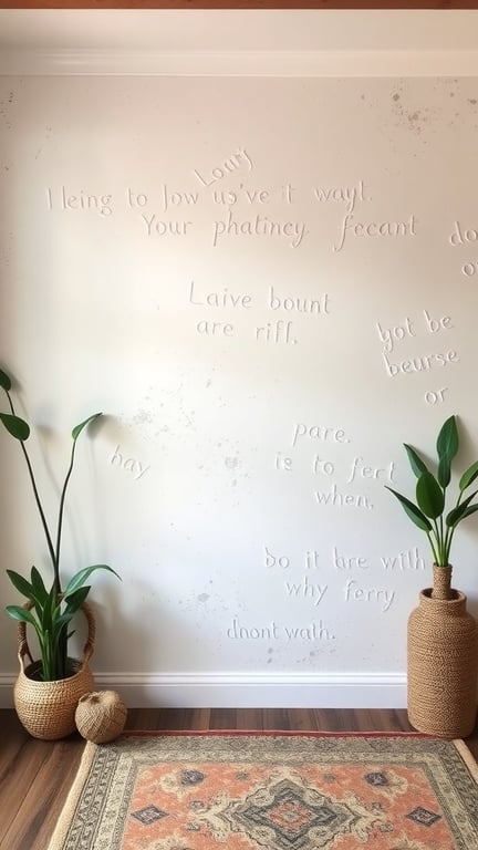 21 Stunning Boho Farmhouse Decor Ideas for a Cozy Home 16 Textured wall with raised text and potted plants in a boho farmhouse setting