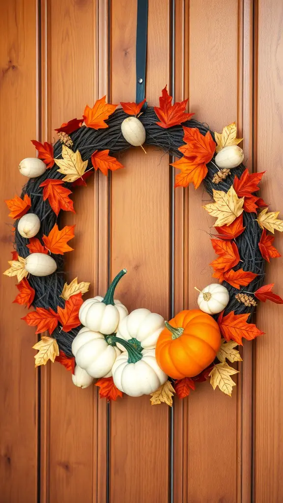 19+ Creative DIY Fall Door Hanger Ideas to Welcome the Season 8 A rustic pumpkin wreath with orange and white pumpkins and colorful leaves on a wooden door.