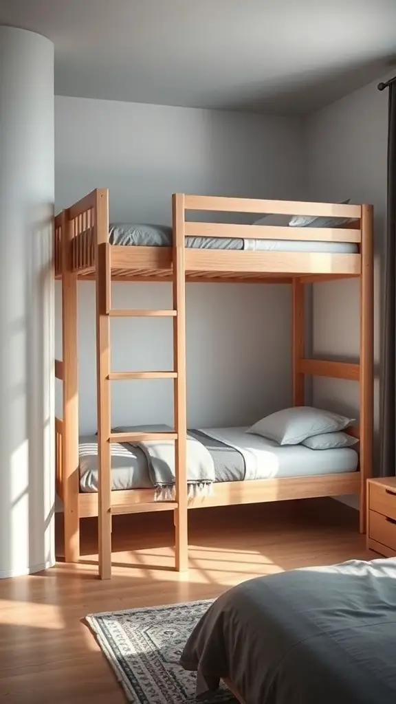 15+ Creative Adult Bunk Bed Ideas for Small Rooms 4 A wooden bunk bed with a built-in ladder in a small room