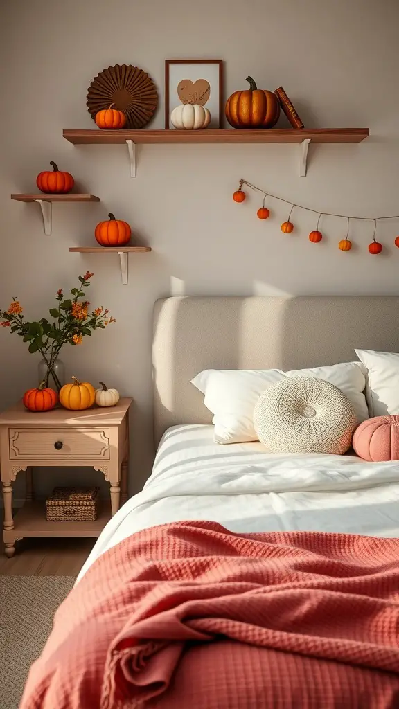 33+ Cozy Fall Bedroom Decor Ideas to Transform Your Space 9 Cozy bedroom with pumpkin decor on shelves and nightstand, featuring warm tones and soft textures.