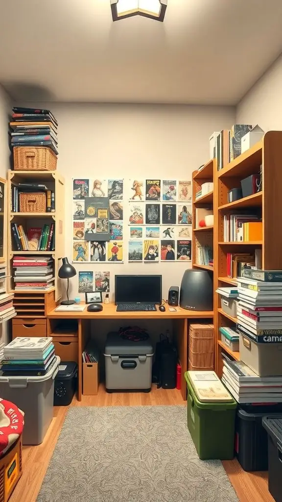 A cozy otaku room with organized shelves, a desk, and storage bins.
