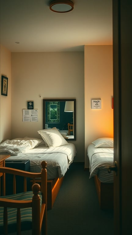 17 Stylish Small Dorm Room Ideas for Limited Spaces 13 A small dorm room featuring two beds and a mirror that enhances the space.