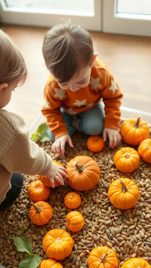 25+ Creative Fall Crafts for Toddlers 8 Two toddlers playing with pumpkins and seeds on a wooden floor.