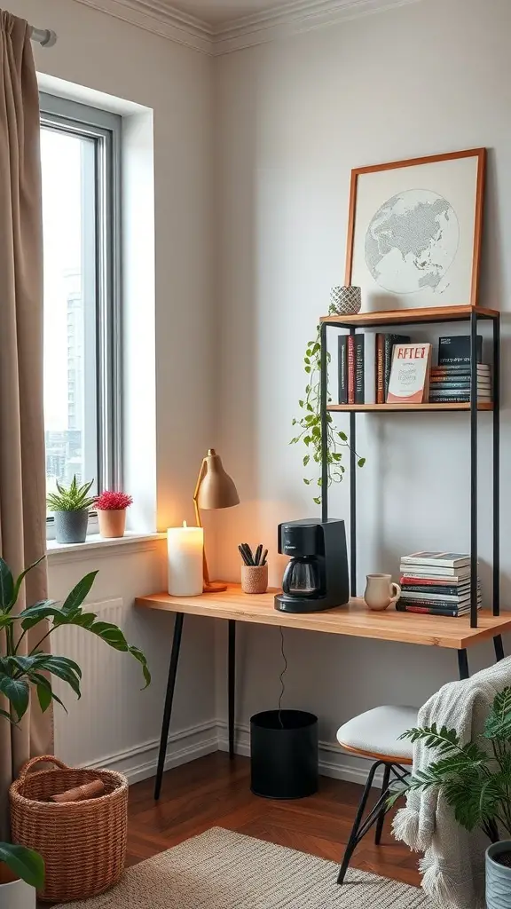 27+ Charming Small Coffee Bar Ideas to Transform Your Space 16 A cozy coffee station in a chic apartment featuring a coffee maker, books, plants, and soft lighting.