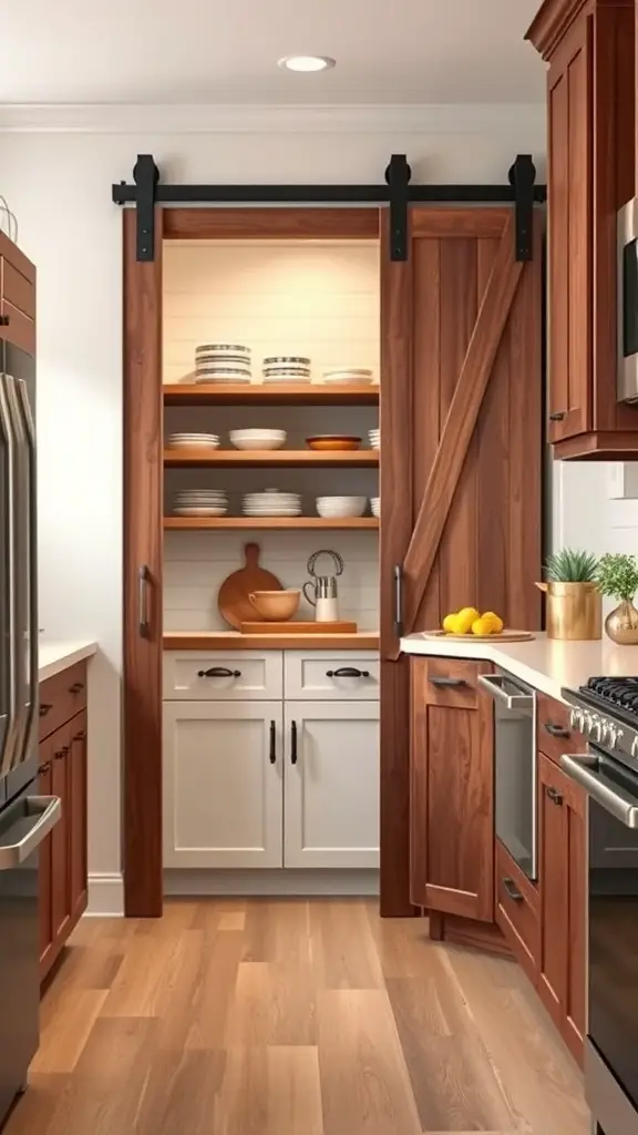 25+ Creative Corner Kitchen Pantry Ideas You’ll Love 16 A corner kitchen pantry with a sliding barn door, showcasing organized shelves and a warm wood finish.