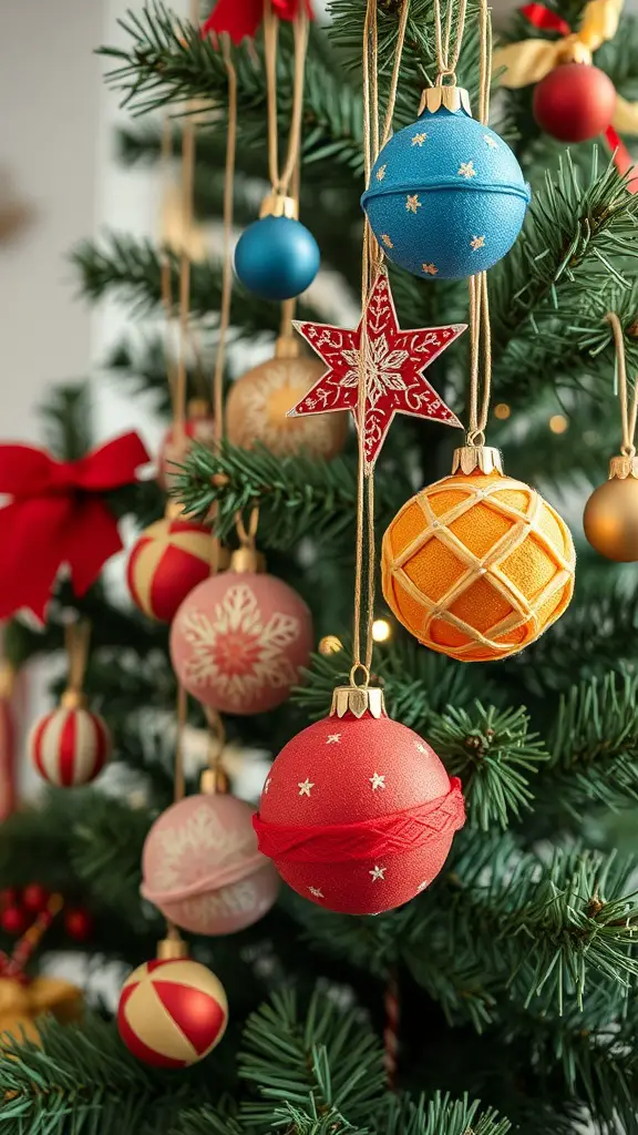 25+ Festive Christmas Craft Ideas to Get You in the Holiday Spirit 8 Colorful handmade Christmas ornaments hanging on a tree