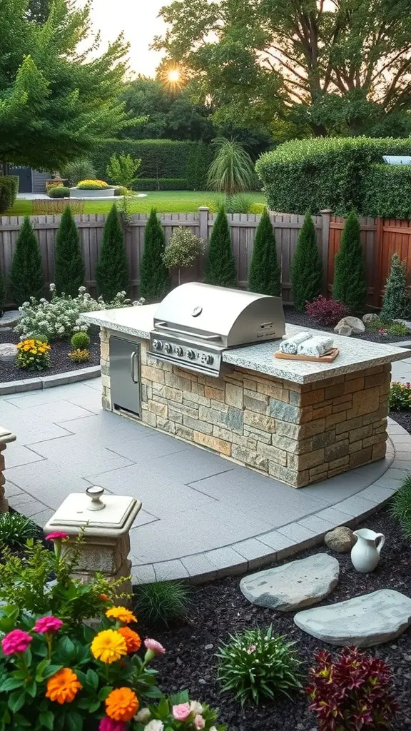 A beautifully landscaped outdoor grill island surrounded by flowers and greenery.