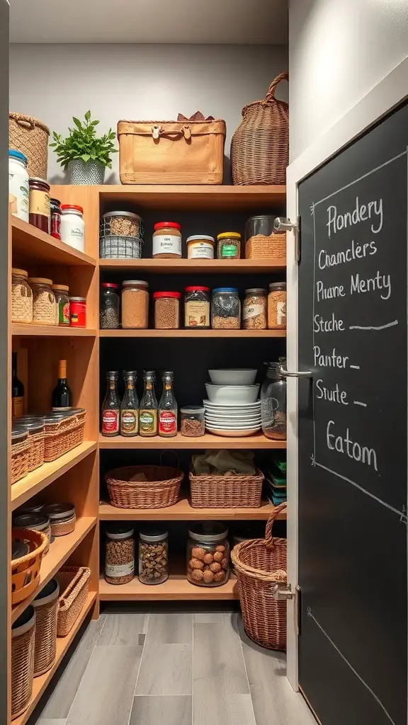 25+ Creative Corner Kitchen Pantry Ideas You’ll Love 14 A corner kitchen pantry with a chalkboard for inventory management.