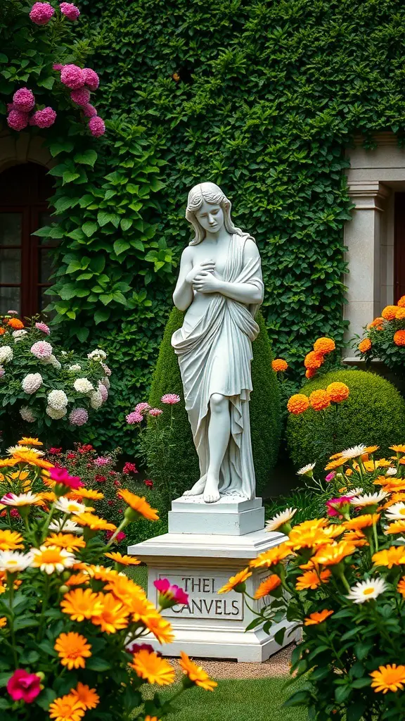 25+ Stunning Italian Garden Ideas for Your Outdoor Space 13 A white statue in a colorful garden surrounded by flowers