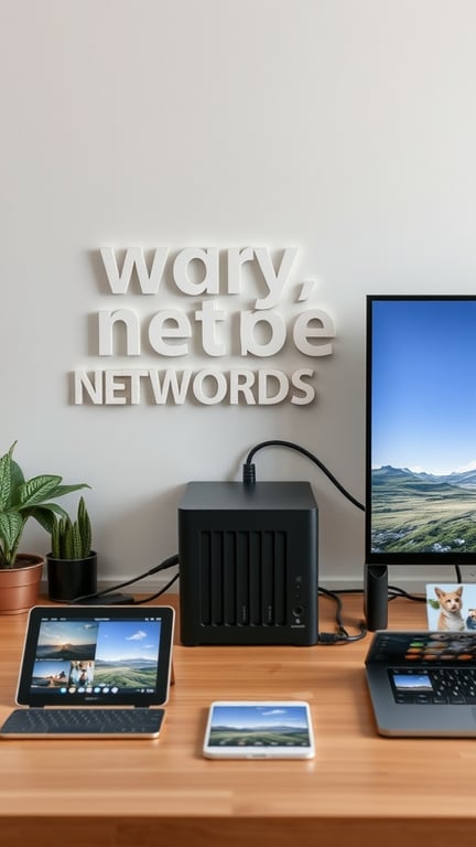 17+ Essential Tips for Organizing Your Photo Storage 7 A modern workspace featuring a NAS device, laptop, and tablets, with scenic images displayed on the screens.
