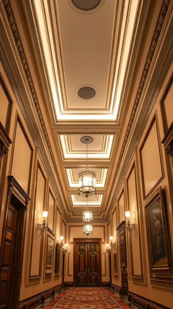 A hallway featuring decorative wood molding and elegant lighting.