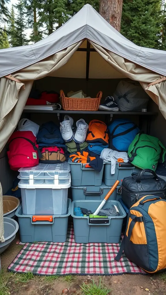 25+ Creative Tent Camping Setup Ideas for Your Next Adventure 4 Organized camping gear inside a tent with shelves and bins