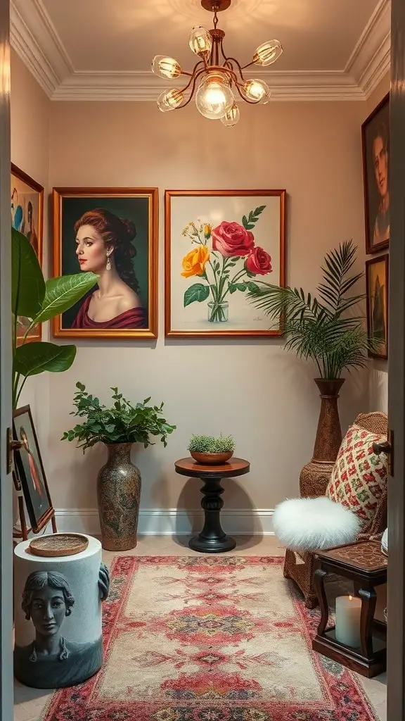 23+ Cozy Small Facial Room Ideas for a Relaxing Retreat 13 A small facial room with artistic touches, featuring framed artwork, plants, and cozy furniture.
