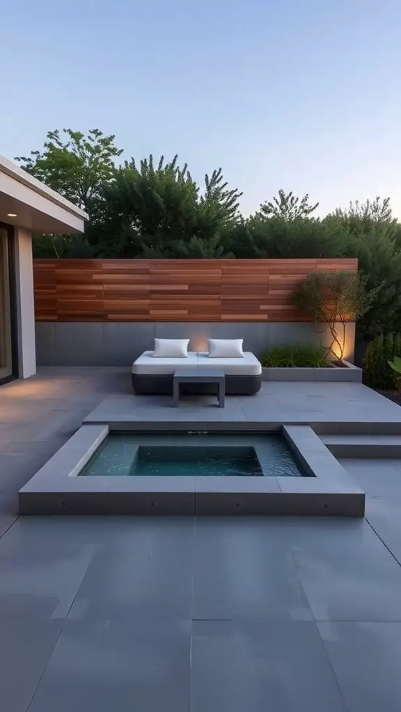 23+ Stunning Hot Tub Deck Designs to Elevate Your Outdoor Oasis 7 A contemporary hot tub surrounded by concrete and greenery, featuring steps leading up to it.