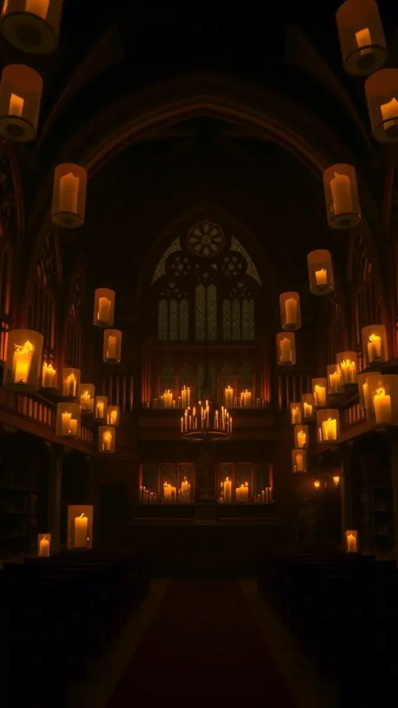 27+ Magical Harry Potter Room Decor Ideas for Every Fan 9 A dimly lit room with floating candles hanging from the ceiling, resembling the Great Hall from Harry Potter.