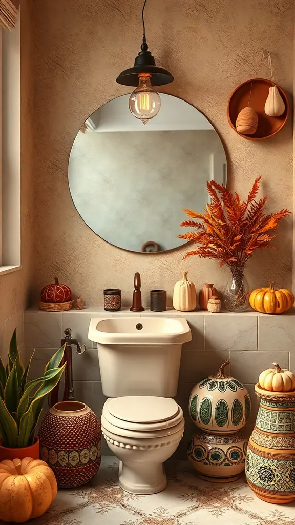 21+ Charming Fall Bathroom Decor Ideas to Transform Your Space 10 A cozy bathroom decorated with handcrafted pottery and ceramics, featuring pumpkins and autumn-themed decor.
