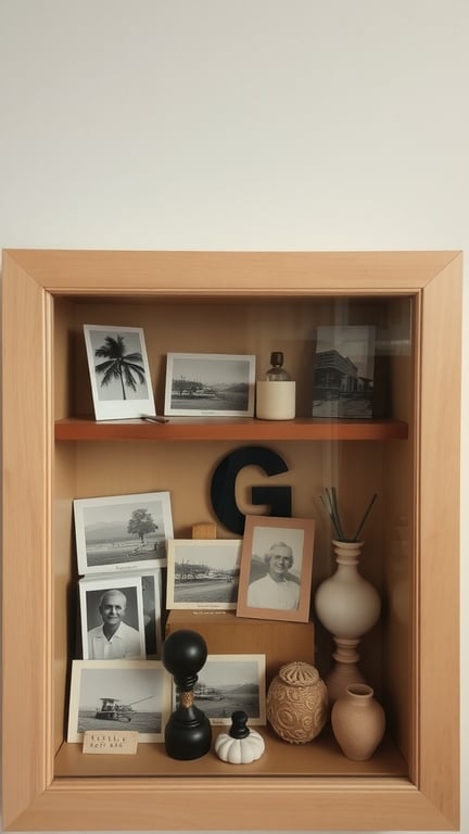 15 Creative Ways to Store and Display Old Photos 12 A shadow box displaying black-and-white photographs and decorative items.