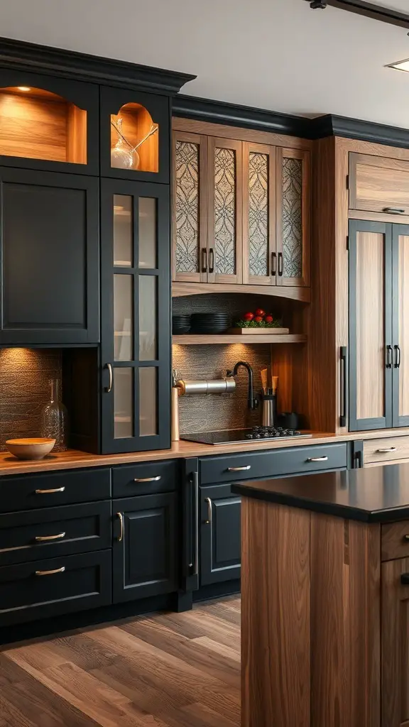 27+ Stunning Black and Natural Wood Kitchen Designs You’ll Love 16 A modern kitchen featuring custom black and wood cabinetry with glass-front cabinets and under-cabinet lighting.