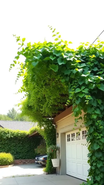 17+ Inspiring Garage Pergola Ideas for Your Outdoor Space 4 A garage with a pergola covered in lush green climbing vines.