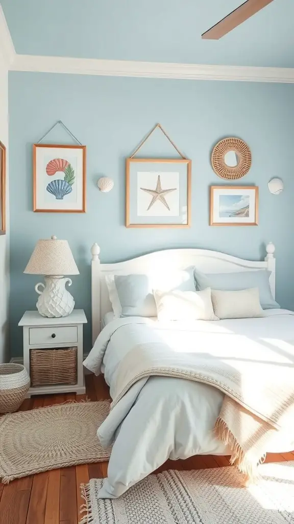A light blue bedroom with coastal decor, featuring seashell artwork, a white bed, and natural textures.